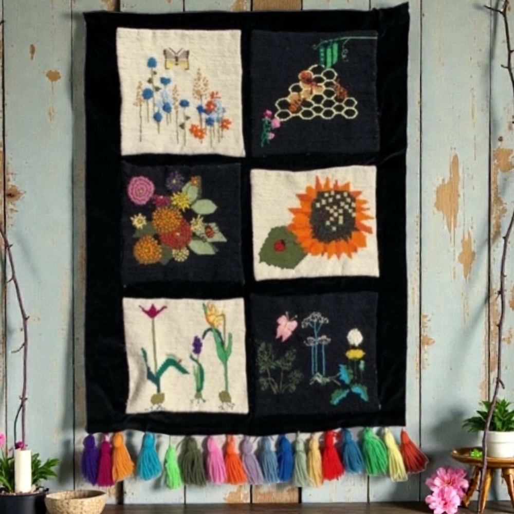 Vintage Handcrafted Floral Botanical Needlepoint Wall Hanging
